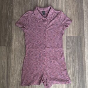 Women's Marled Pink Button-Up Collard Romper
